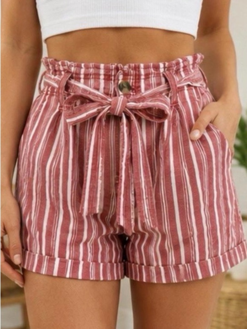 American Eagle Outfitters Striped Tie-Waist Shorts - Rose & White